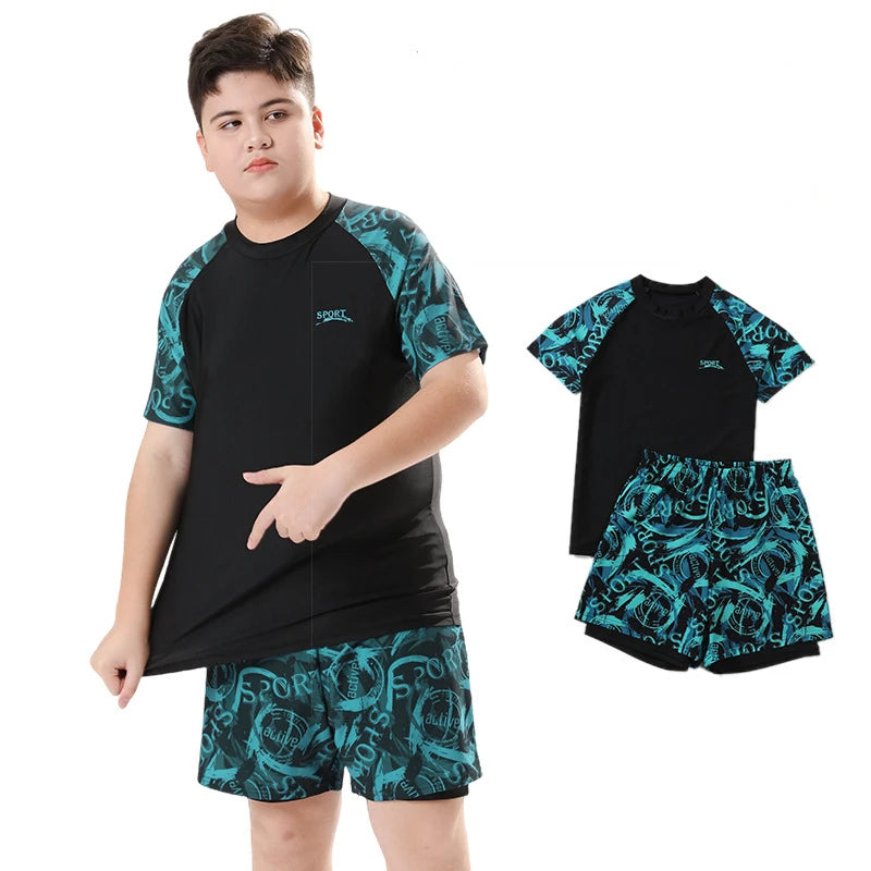 Children's Swimwear with Cap, Split Body, Short Sleeve, Two Piece Swimsuit for Men, Teenagers, Boys, New, Hot Spring Set, 2024