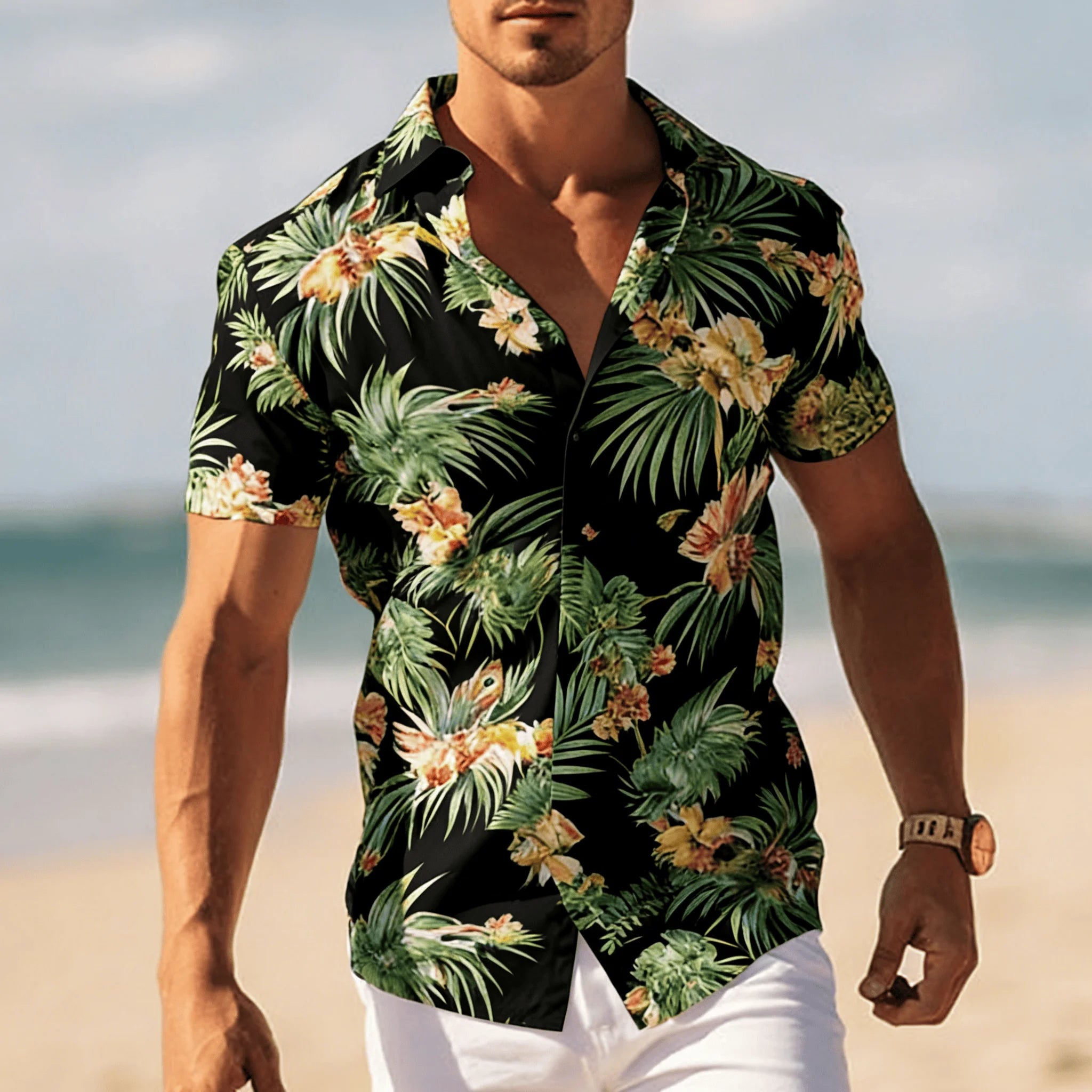 Men's Tropical Floral Print Short Sleeve Shirt, Spring Summer Cool Vacation Casual Top, Pocket Lapel Style