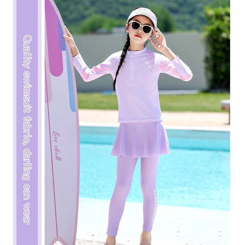 Two Piece Long Sleeve Girls Swimwear With Skirt Burkini Swimsuit Kids Children Modest Swimming Suit Sun Protection Beachwear