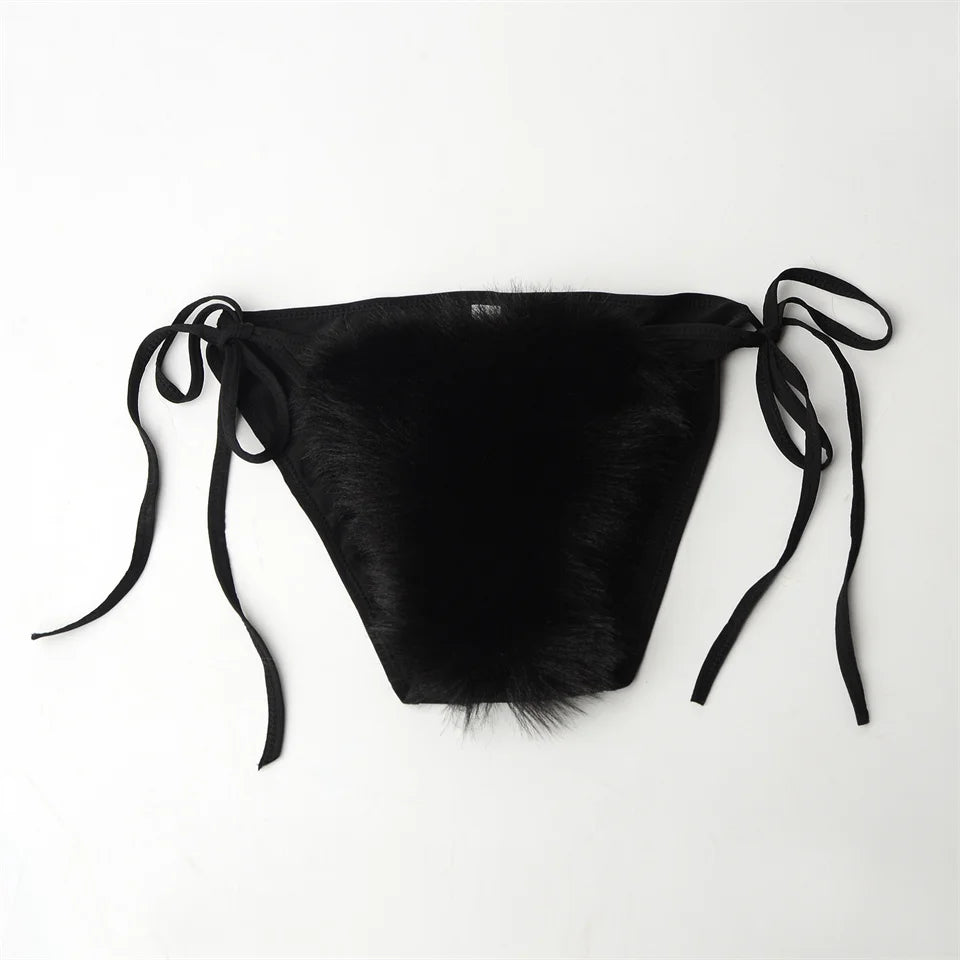 Summer Women Fake Fox Fur Sexy Halter Solid Color Bikini Set Swimsuits Triangle Sexy Bikini Set Faux Fur Swimsuit Plush Swimwear