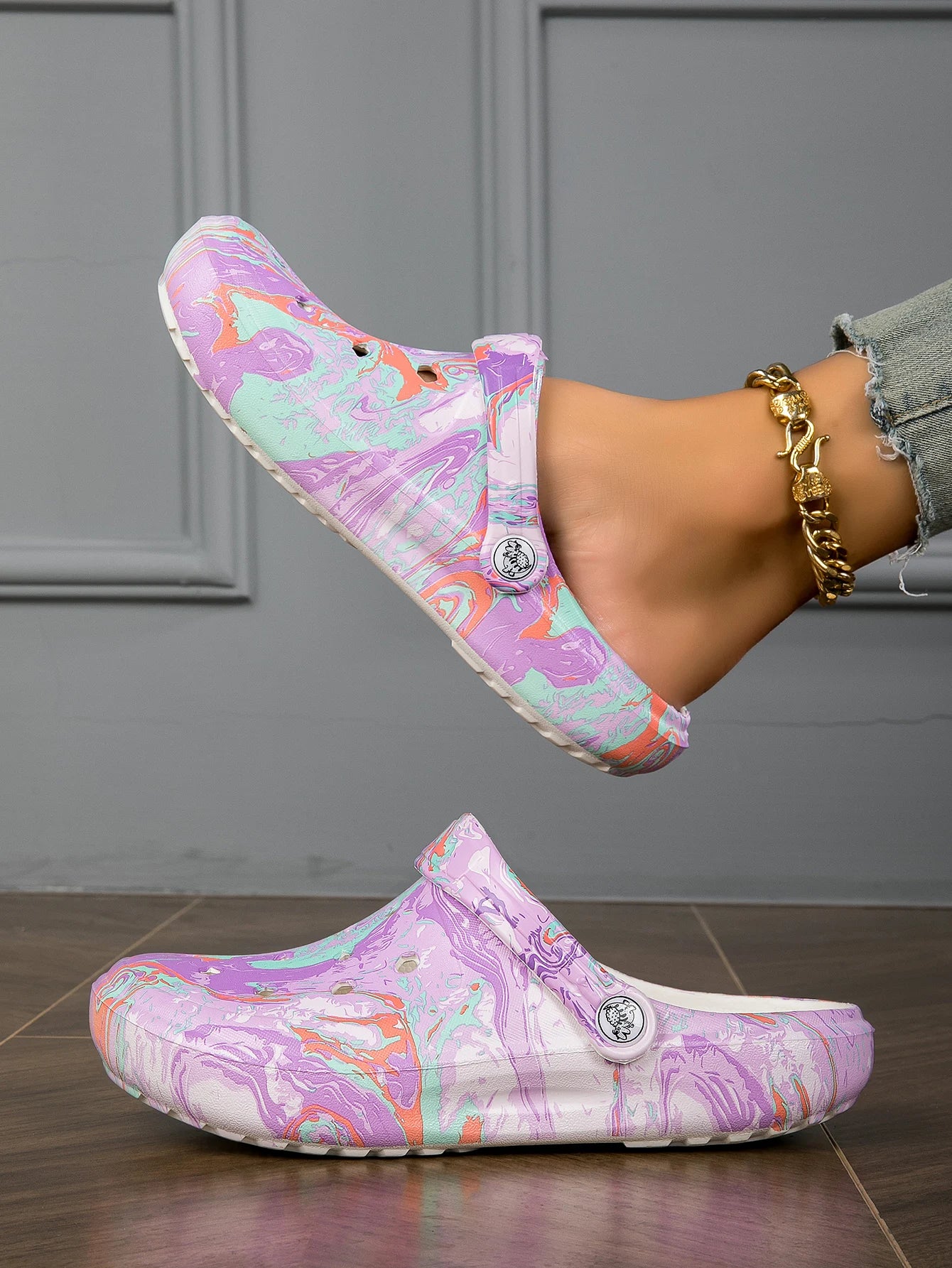 Garden Clogs Comfortable Women's Tie-dye Pattern Clogs, Slip On Lightweight Two-way Wear Clogs, Non-slip Summer Beach Slides 666