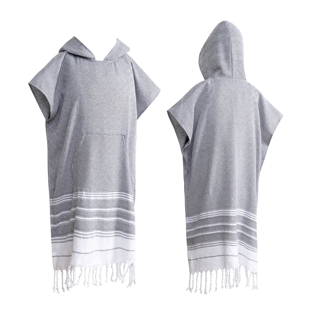 Wearable Turkish diamond plaid beach towel sandproof and quick-drying 100% cotton surf poncho bathrobe hooded wetsuit change of