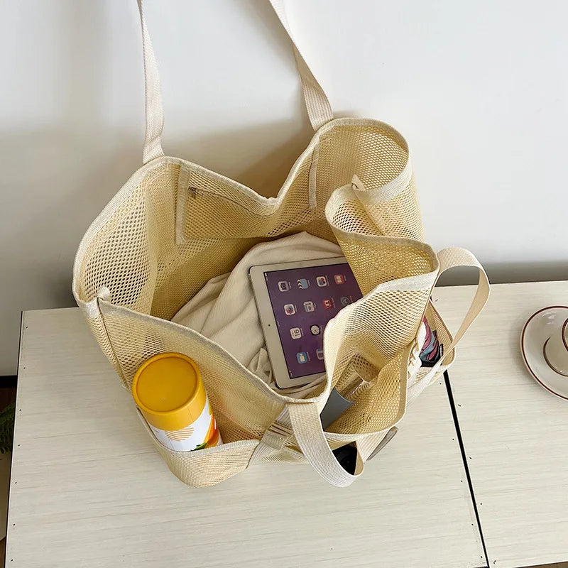 Large Capacity Canvas Beach bag Versatile Commuting Shopping Shoulder bag Lightweight Semi Transparent Mesh Hollow bag