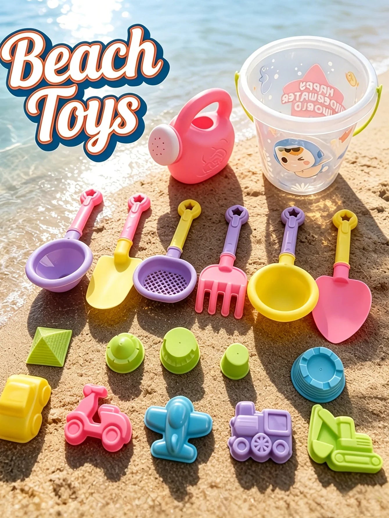 18pcs Beach Toy Set, Children Folding Bucket Summer Sand Pool Beach Game Set, Great Holiday Outdoor Play Tools For Girls Gift