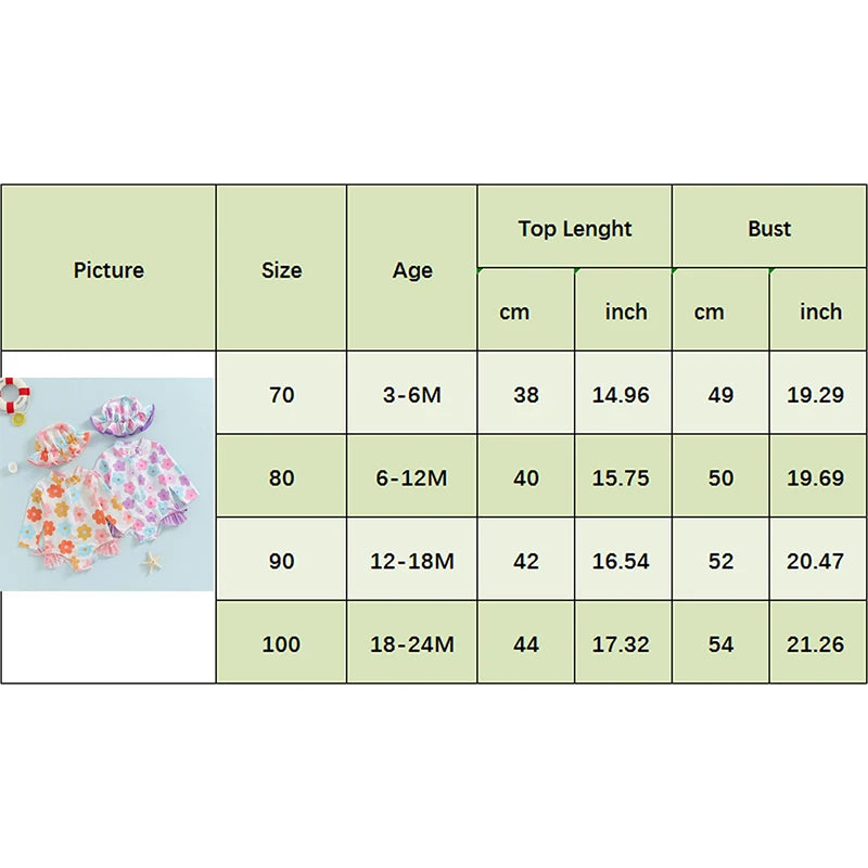 FOCUSNORM 0-24M Summer Baby Girls Rash Guard Swimsuits Long Sleeve Floral Print Zipper Swimwear and Sun Hat