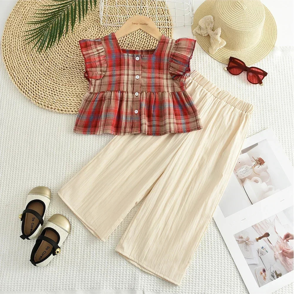 Summer Sweet and Casual 3-10-year-old Girls and Teenagers Pink Suit Square Collar Checkered Top+Wide Leg Pants Two Piece Set