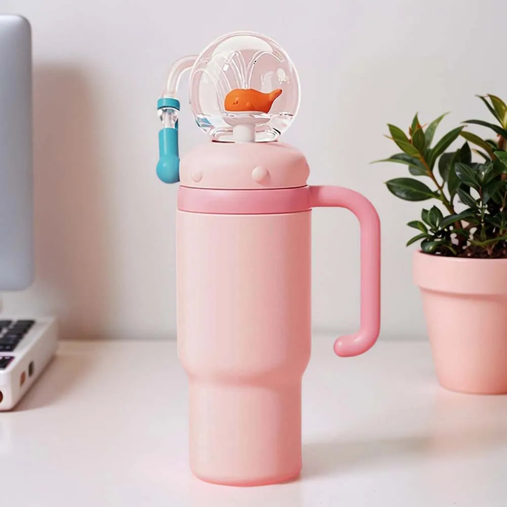 710ML Stainless Steel Whale Fountain Tumbler with Handle Leak Proof Whale Squirt Drinking Cup Water Bottle with Straw Creative G