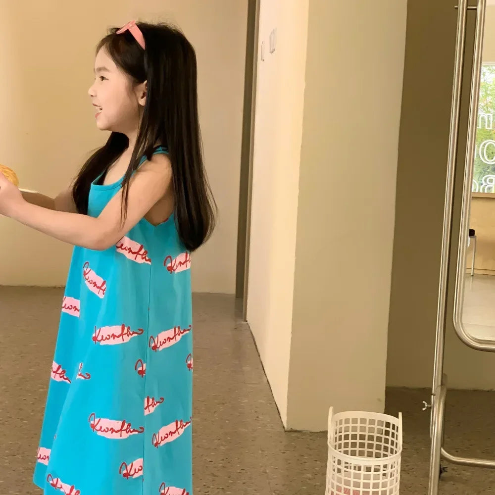 9000 Brother and Sister Clothes Summer New Korean Alphabet Graffiti Girl's Long T-shirt Dress Or Boy's Two Piece Suit