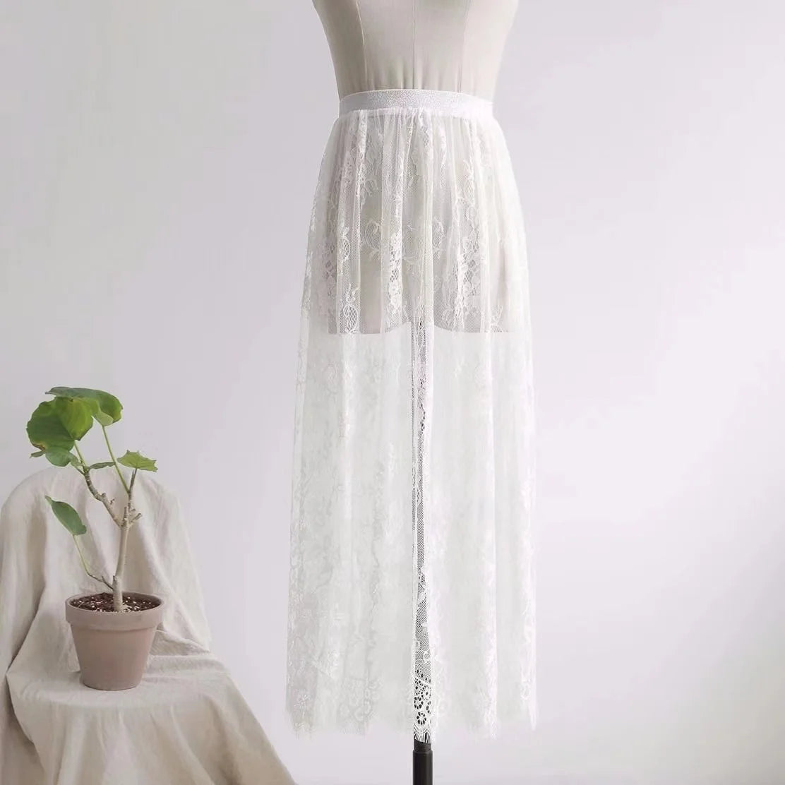 2 Length Elegant Black Skirt White Lace Transparent Long Tulle Skirt Ladies Elastic High Waist Beach Midi Skirt