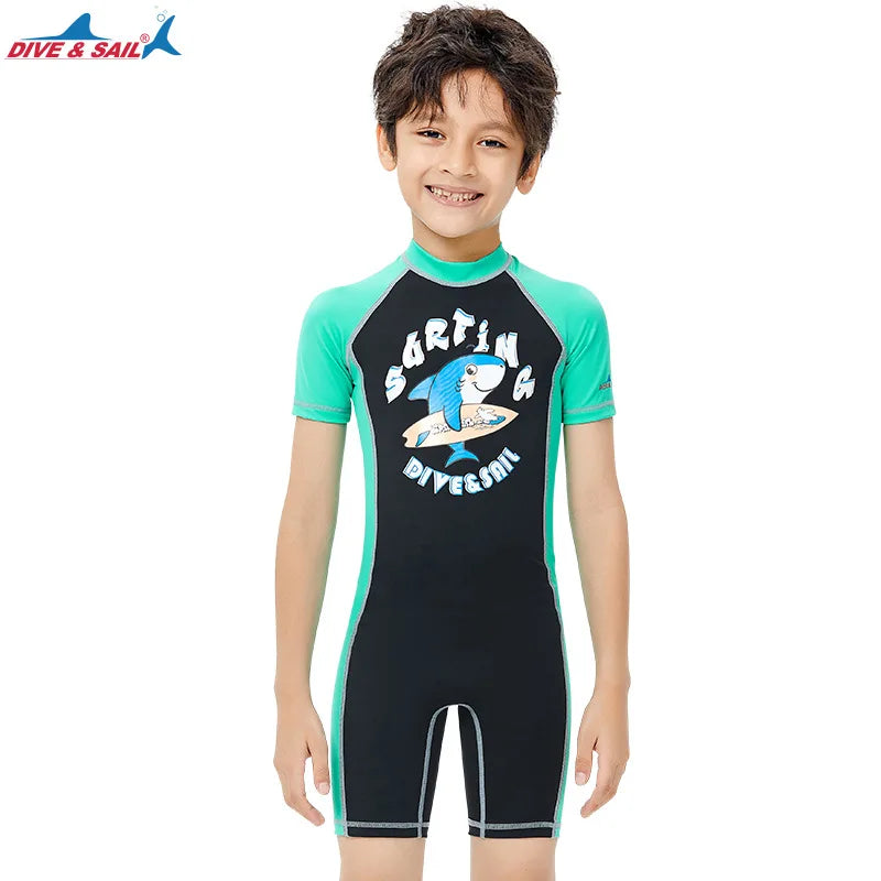 One Pieces Swimsuit Rash Guard Swimwear Long Sleeve Sunsuit for Kids 3-10Y Sun UV Protection