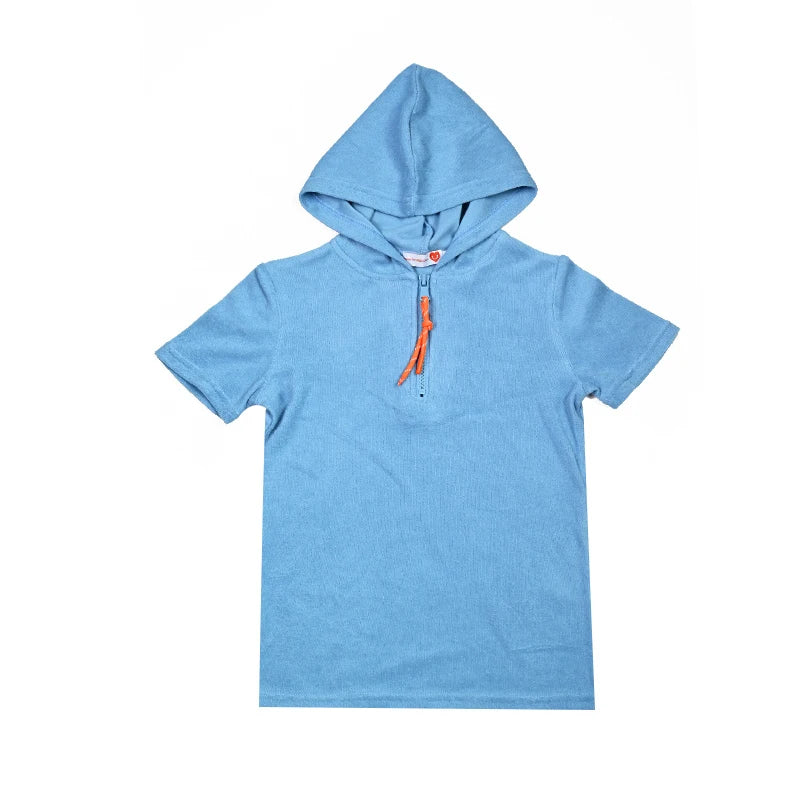 Summer Terry Sibling Clothing Set for Boys And Girls Blue Shirt for Boy Girl Dress Zipper With Colorful Drawstring Teens Outfit