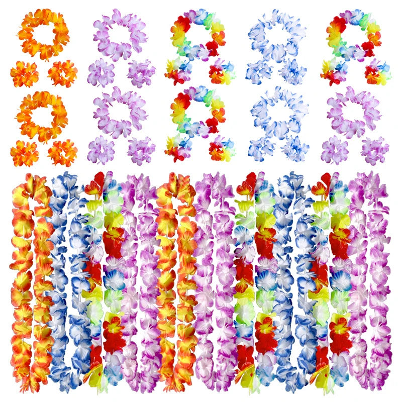 4Pcs/set Hawaiian Artificial Flowers Leis Necklace Garland Headband Wedding Birthday Beach Tropical Party Decoration