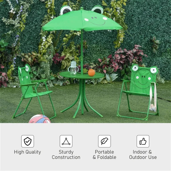 Cute Monkey Kids Patio Table Chair Set with Removable Cartoon Sun Umbrella, Foldable Portable Outdoor Toddler Furniture, 2 Folding Chairs Round Metal Table, Space Saving Kids Play Dining Set for Backyard Garden Lawn Picnic Be