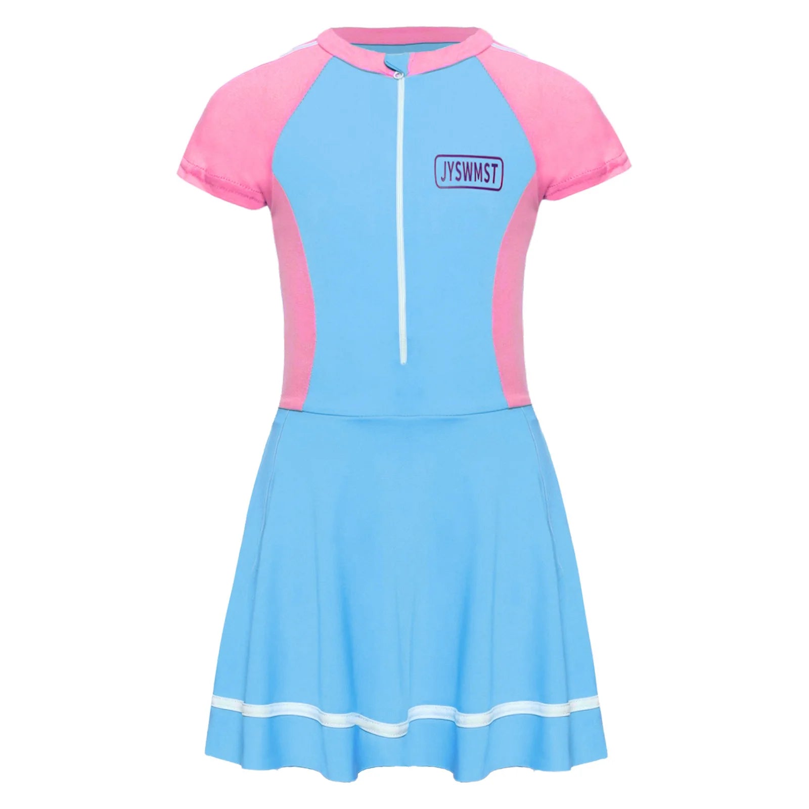 Fashion Girls One Piece Swim Dress Short Sleeve Color Block Swimsuit with Chest Pads Front Zipper And Safety Shorts Beachwear
