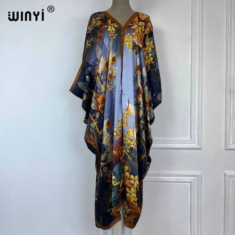 WINYI 2023 V-neck Africa Fashion Women Sexy Boho Casual silk Floral Vintage print Evening Party Beach cover up Long Maxi Dress