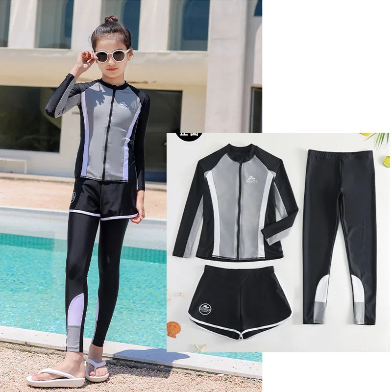 Girls Swimsuit Girls Long Sleeve Rash Guard 3-Pieces Bathing Suit 100cm-160cm Height Athletic Sweatsuit Activewear Tracksuit