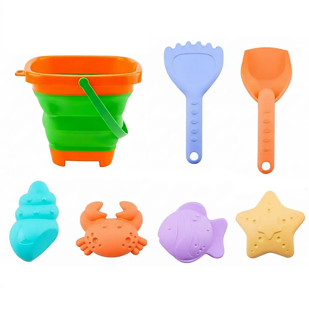 Foldable Beach Sand Toys Set Collapsible Bucket with Shovel & Molds for Sand, Snow & Water Play Portable Beach Toys for Toddlers