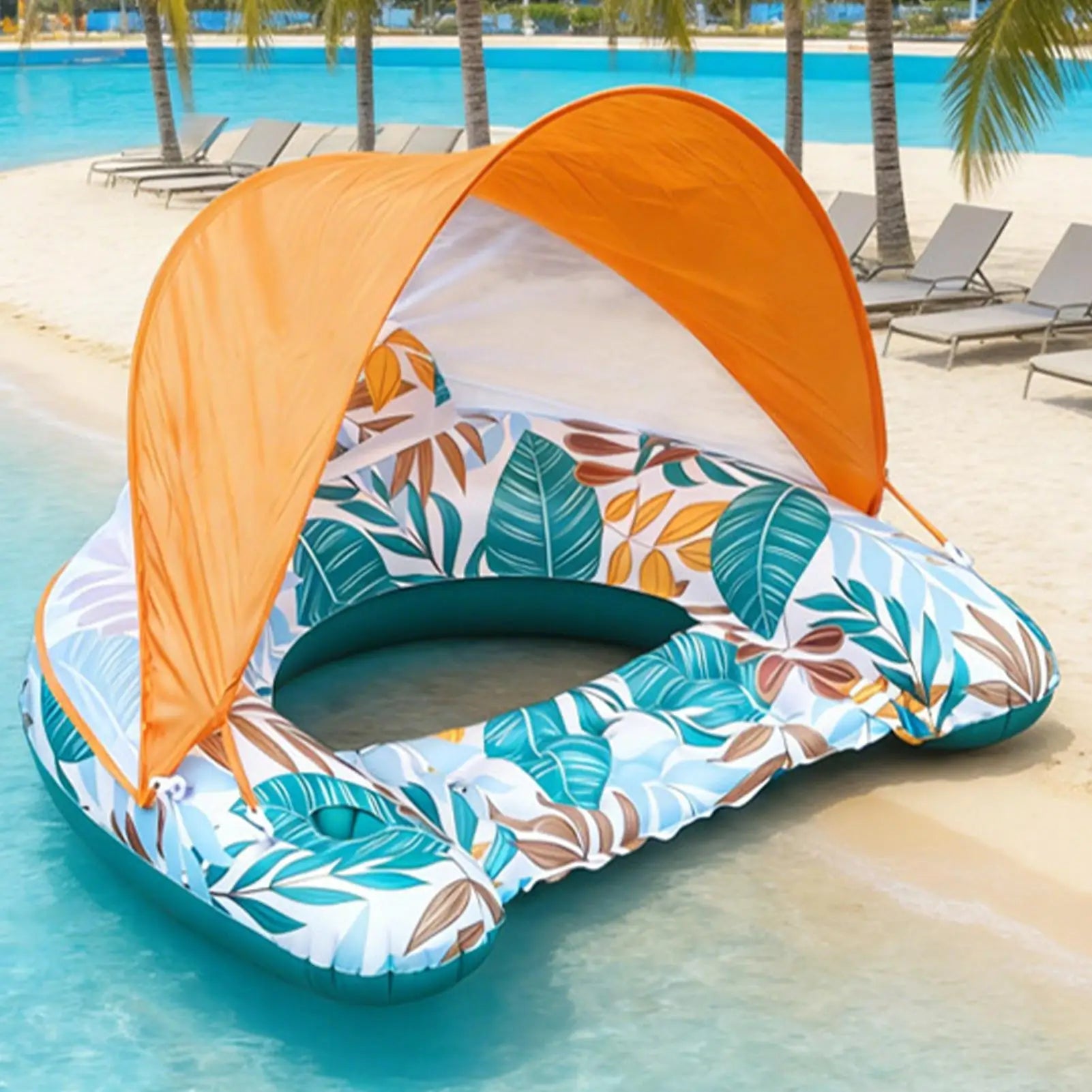 Inflatable Pool Float with Canopy Floating Lounge Chair Ergonomic Headrest Water Hammock for Summer Beach Vacation Relaxation