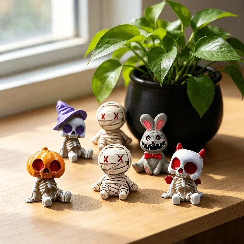 6Pcs Halloween Miniature Figurines Resin Skeleton Mummy Statues for DIY Micro Landscape Bonsai Car Desk Decor Party Gift