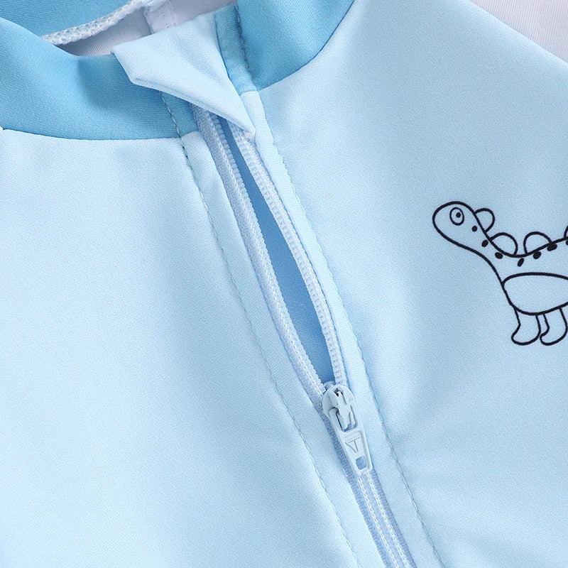 0-3T Newborn Toddler Boys Rash Guard Swimsuit Contrast Color Dinosaur Print Long Sleeve Mock Neck Zip Bathing Suit with Hat