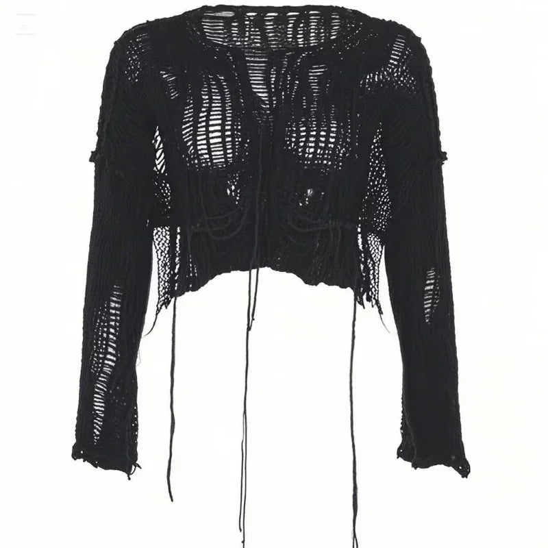 Y2k Cropped Hole Sweater Sexy Gyaru Hollow Out Knit Pullovers Goth Korean Long Sleeve Jumper Summer Fashion Sheer Knitwears Tops