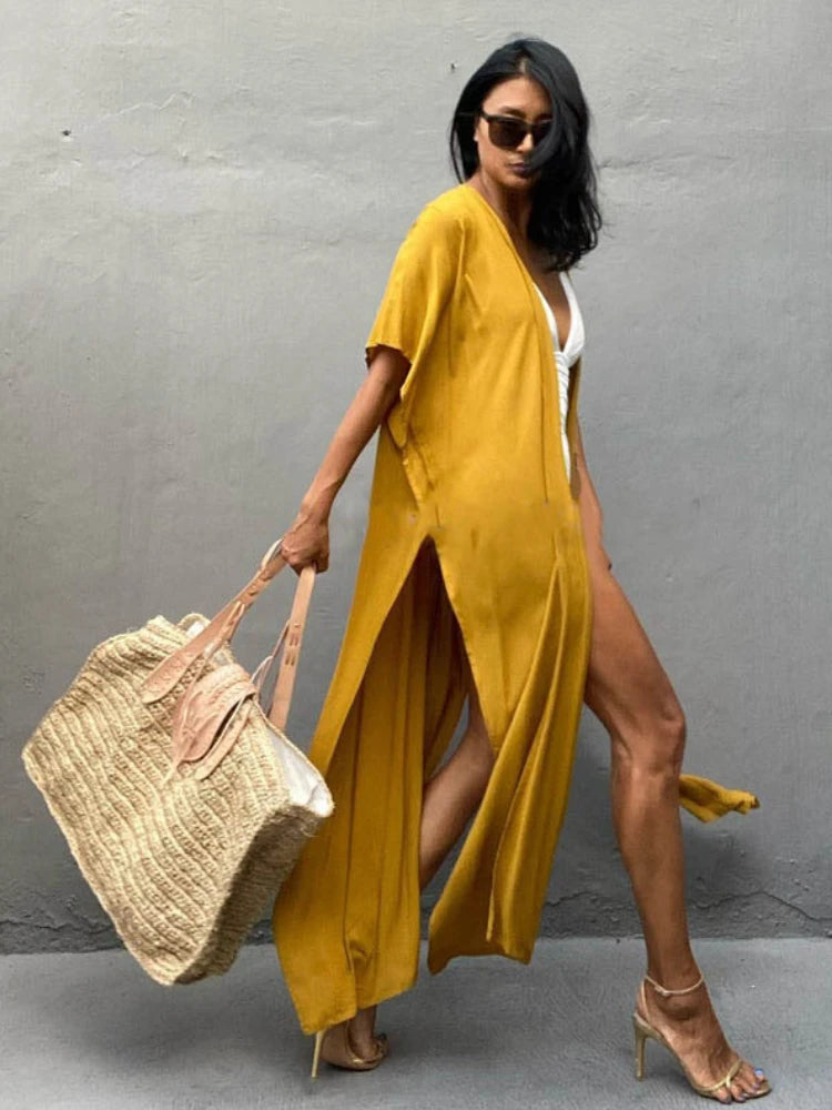 Swimsuit Cover Ups for Women Beach Cape Tunic Kimono Summer Belted Split Wrap Dresses Pareo Holiday Bathing Suits Factory Supply