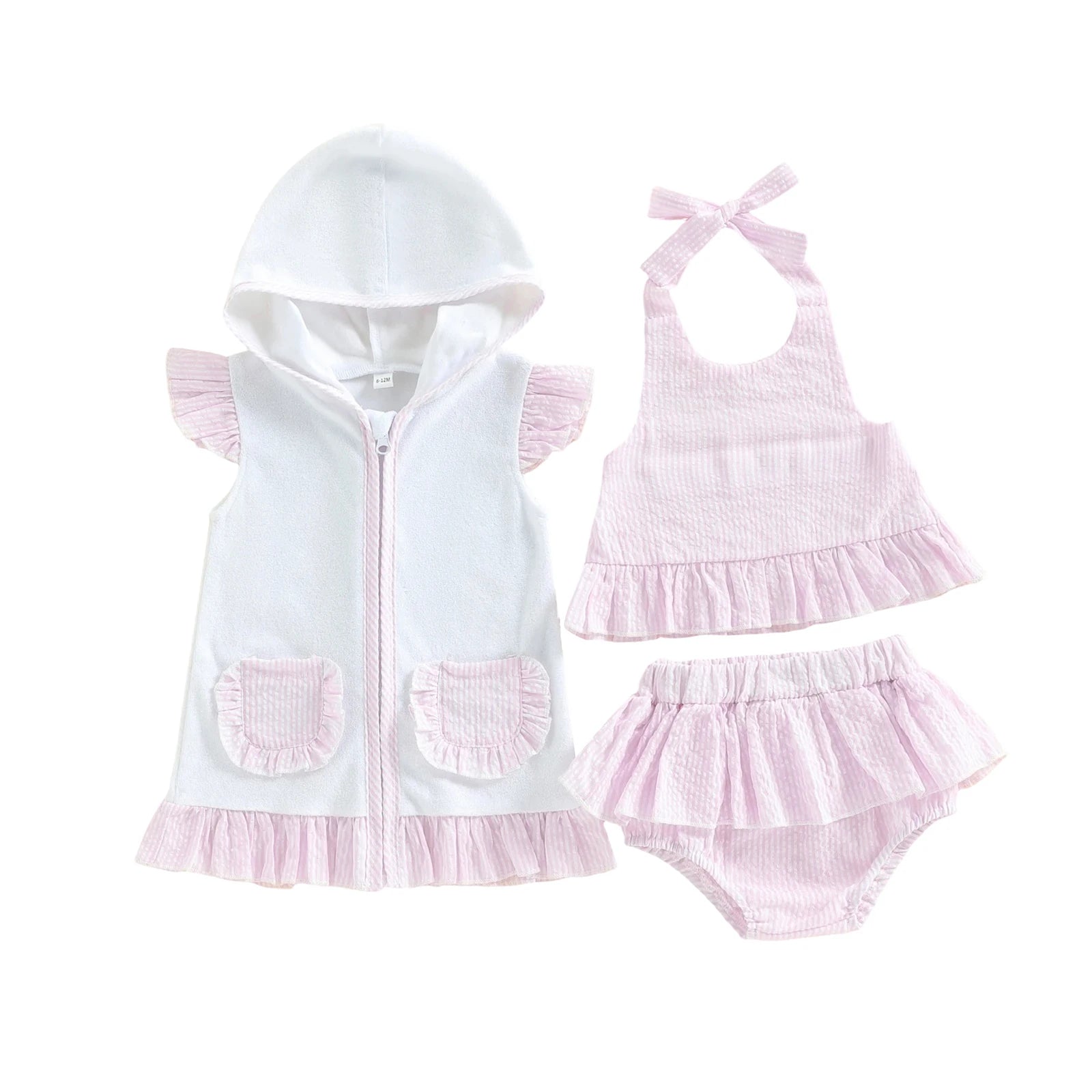 FOCUSNORM 0-3Y Lovely Toddler Baby Girls Three Piece Swimsuit Sleeveless Halter Top Bikini Bottom Cover-up Set Bathing Suits