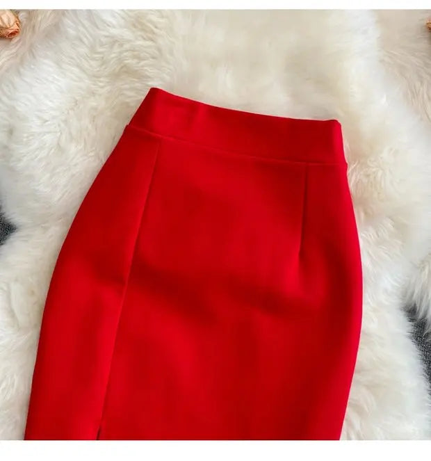 High Waist Midi Skirt Women's OL Profional Slimming Side Slit Wrap A-Line One Step Skirt Autumn Korean Sle Commute