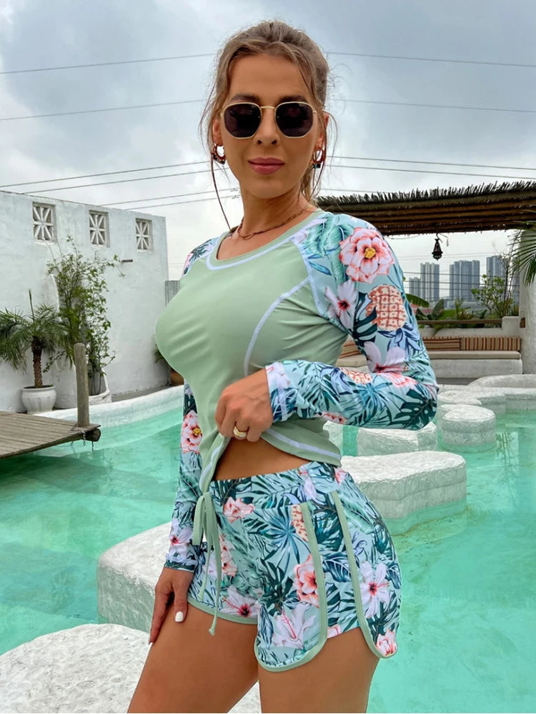 New Tankini Women Swimsuit Tropical Print Bikini Set Long Sleeve Swimwear Summer Shorts Beachwear Female Bathing Suit