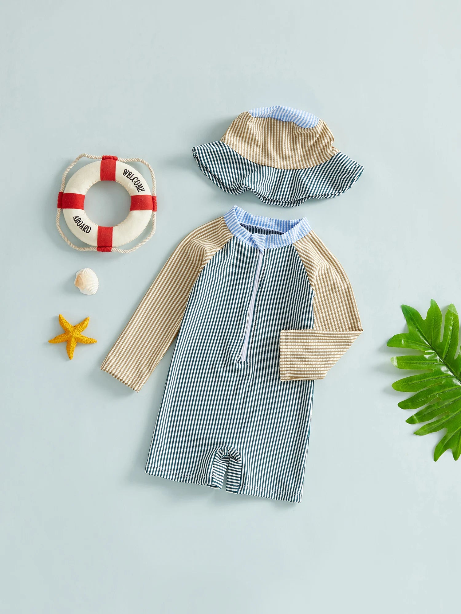 0-24M Newborn Baby Boy Rash Guard Swimsuits Contrast Color Stripes Print Long Sleeve Zip Up Bathing Suit with Sun Cap