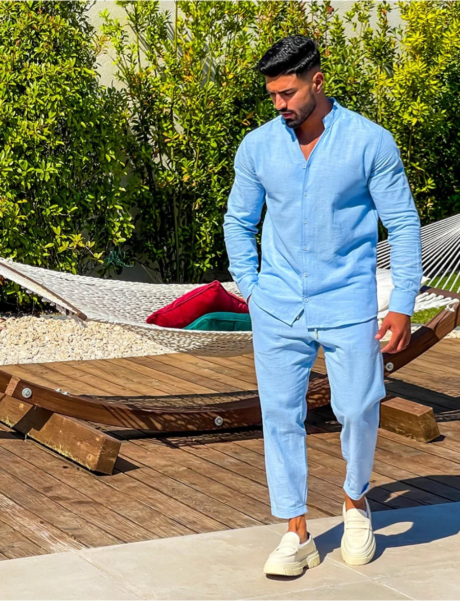 Men's casual cotton and linen suit, fashion comfortable linen solid color stand collar shirt street loose long sleeve two-piece