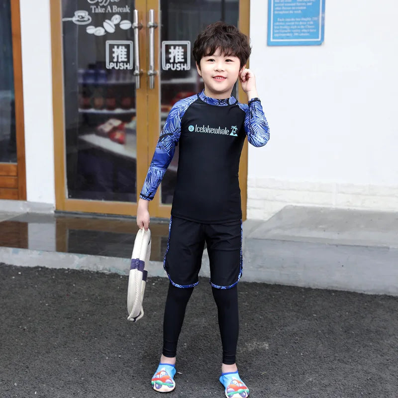 Kids Swimsuit 3 Piece Long Sleeve Rashguard Shirt and Bathing Shorts Leggings Swimwear Sun UV Protection Rash Guards Full Body