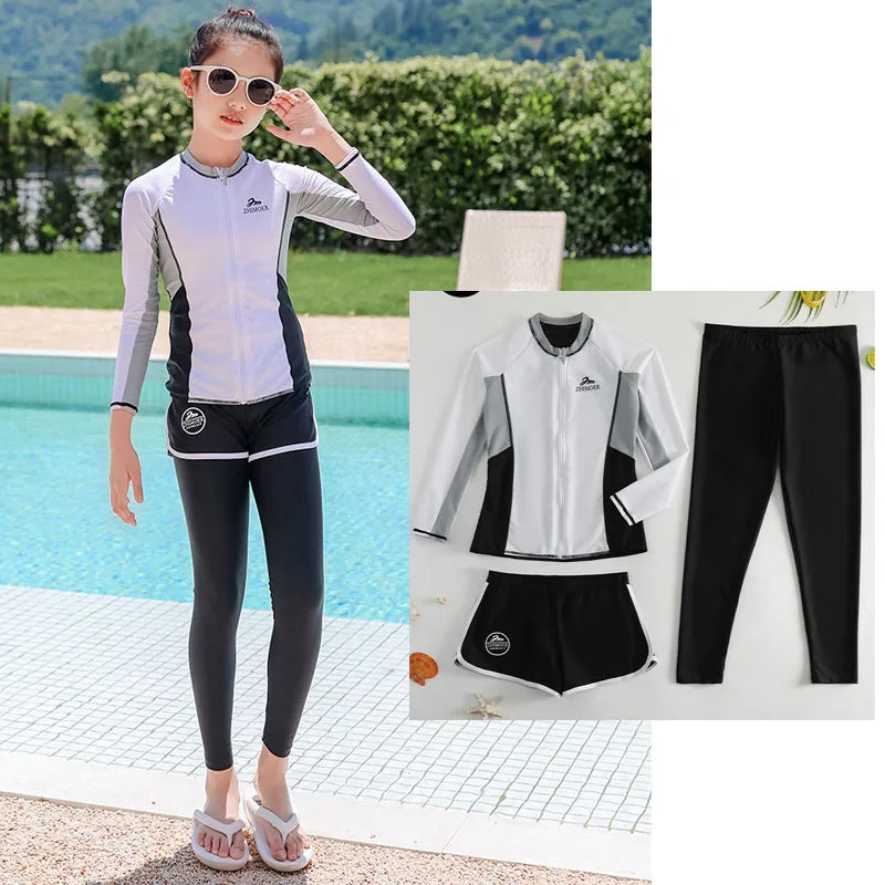 Girls Swimsuit Girls Long Sleeve Rash Guard 3-Pieces Bathing Suit 100cm-160cm Height Athletic Sweatsuit Activewear Tracksuit