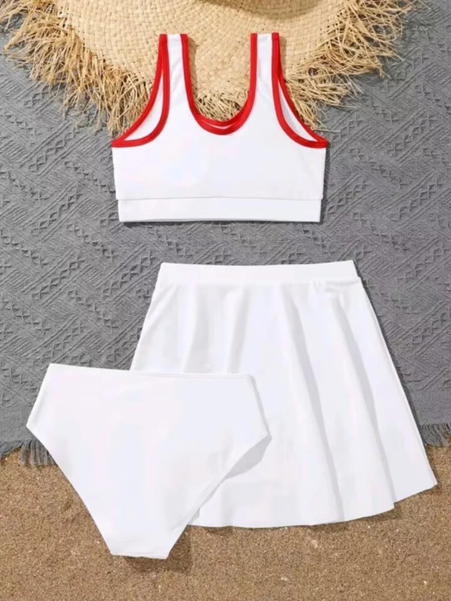 3 Pieces Bikinis With Skirt 2026 Girls Swimsuit Red Kids Swimwear Female Children's Bathers Bathing Swimming Swim Suit Beachwear