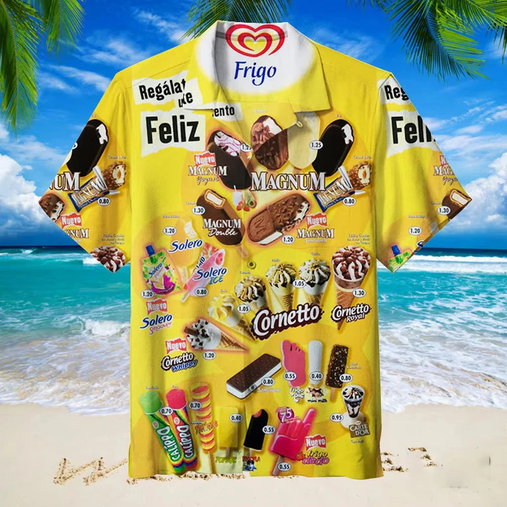 2024 Trendy Cool Fashion Ice Cream Shirts Beach Party 3d Print Hawaiian Shirt unisex Short Sleeve Oversized Blouse Lapel Shirts