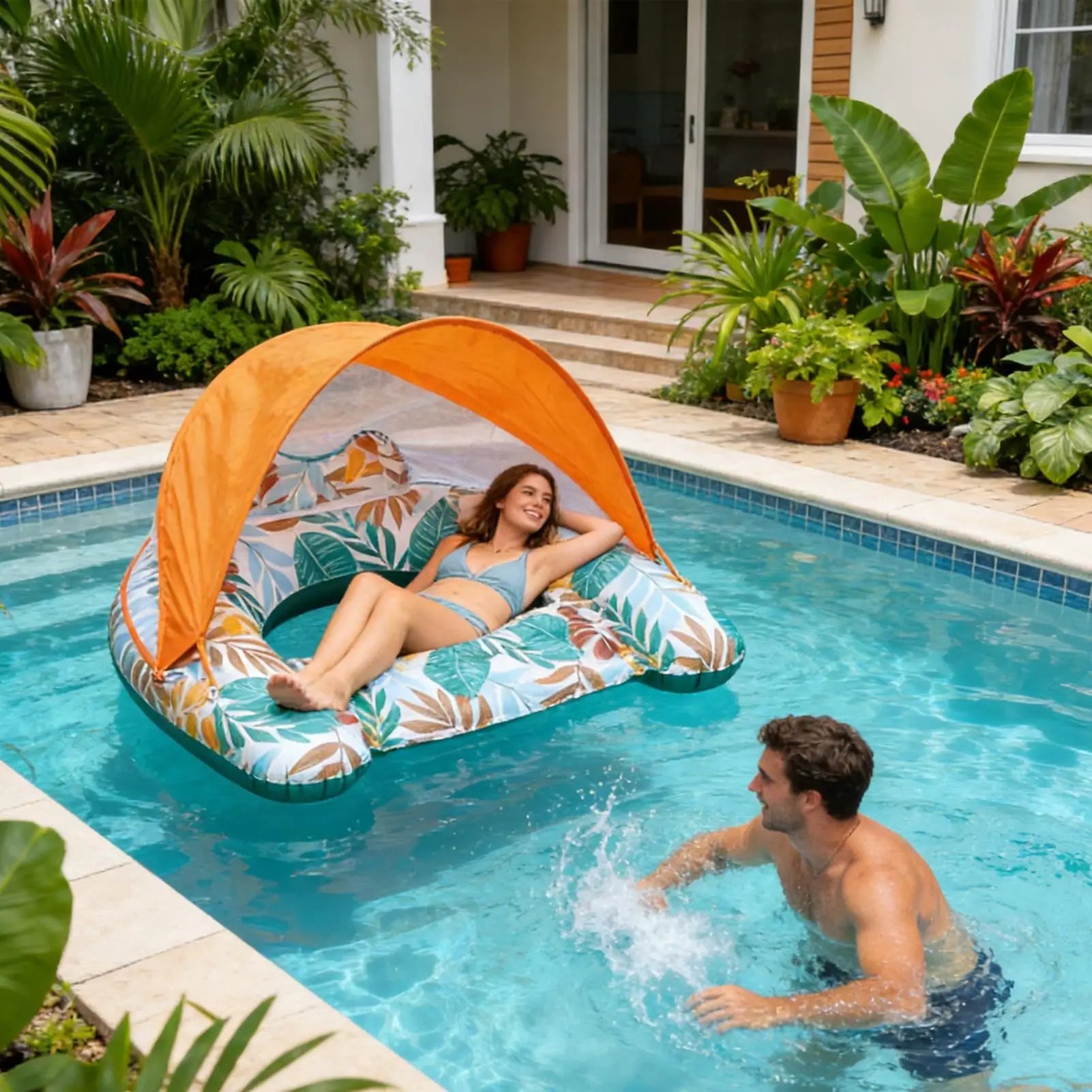 Inflatable Pool Float with Canopy Floating Lounge Chair Ergonomic Headrest Water Hammock for Summer Beach Vacation Relaxation
