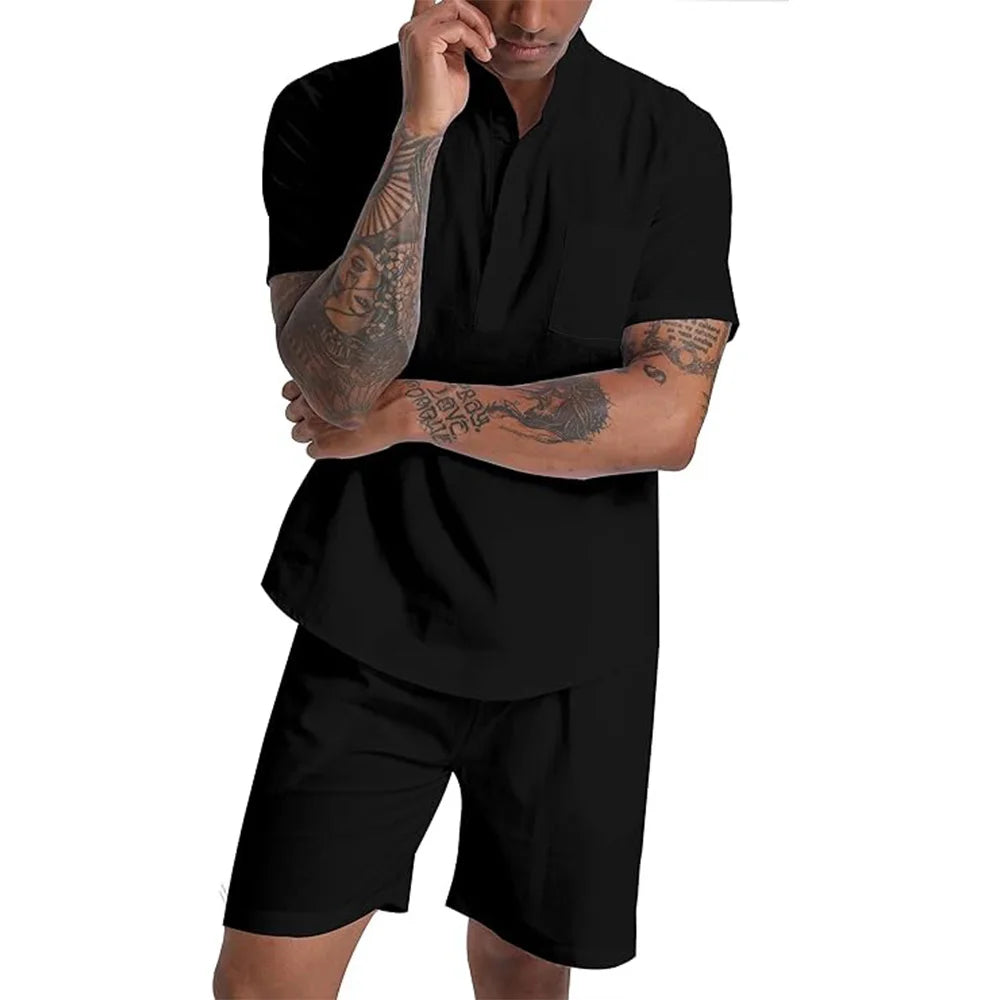 Men's Cotton Linen Set Henley Shirts Shorts Outfits 2 Pieces Beach Clothes Vacation Matching Suit Summer Wear Shirt Sleeve
