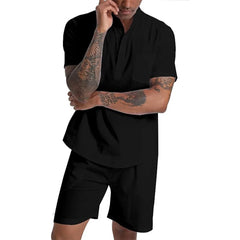Men's Cotton Linen Set Henley Shirts Shorts Outfits 2 Pieces Beach Clothes Vacation Matching Suit Summer Wear Shirt Sleeve