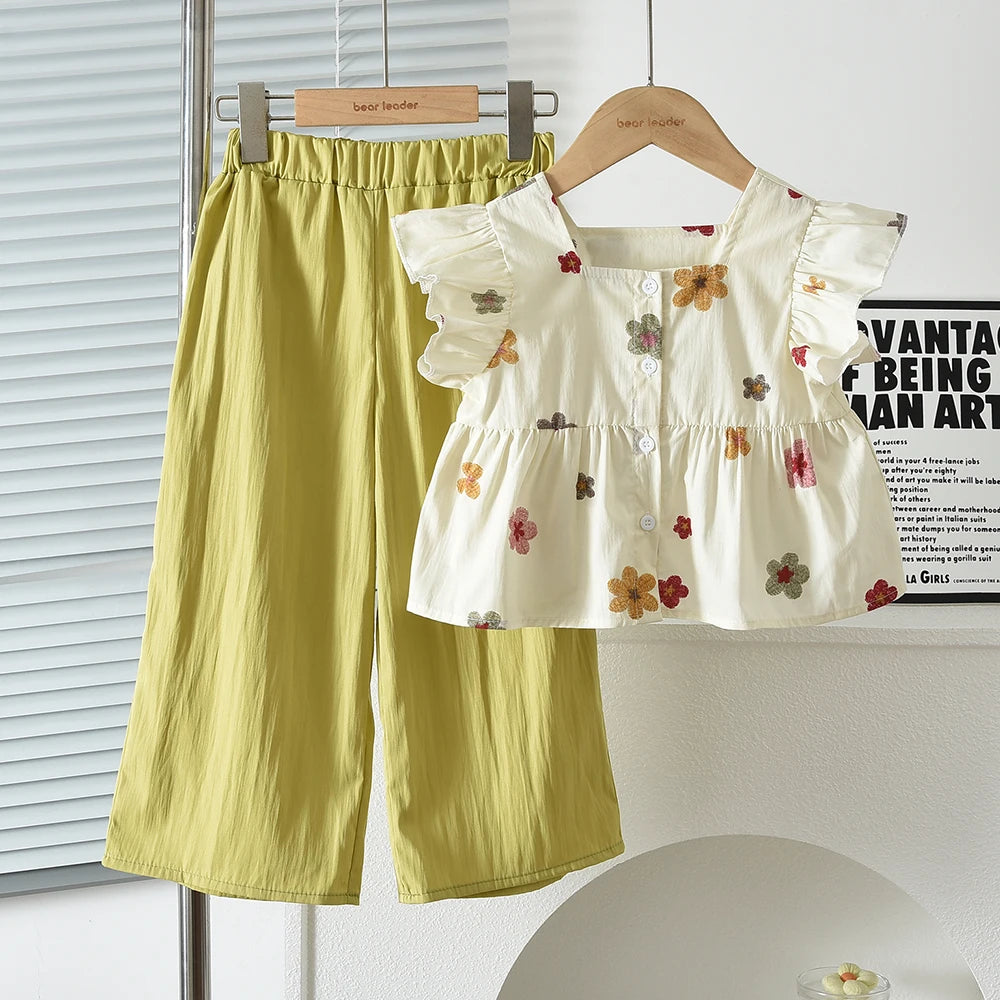 Summer Sweet and Casual 3-10-year-old Girls and Teenagers Pink Suit Square Collar Checkered Top+Wide Leg Pants Two Piece Set