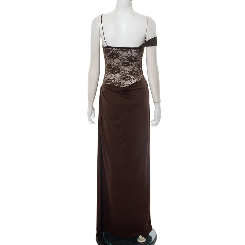 Mozision One Shoulder Lace See Through Sexy Maxi Dress Women Gown Fashion Off-shoulder Sleeveless Backless Club Long Dresses