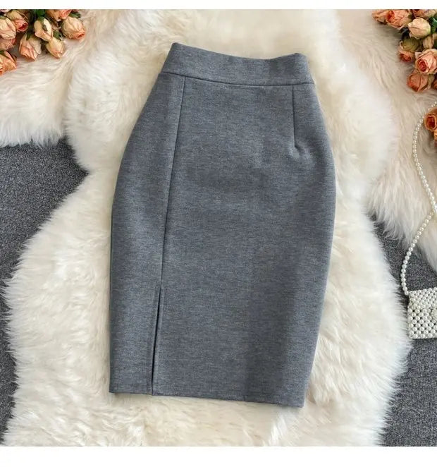 High Waist Midi Skirt Women's OL Profional Slimming Side Slit Wrap A-Line One Step Skirt Autumn Korean Sle Commute
