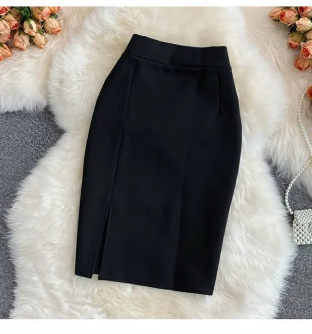 High Waist Midi Skirt Women's OL Profional Slimming Side Slit Wrap A-Line One Step Skirt Autumn Korean Sle Commute