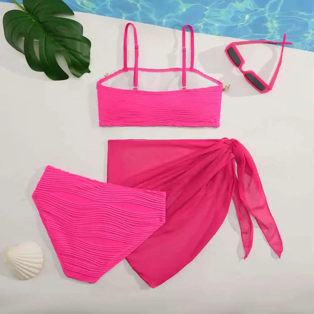 2026 Strappy Girls Swimsuit 3 Pieces Bikini & Skirt Bandeau Kids Swimwear Female Children's Bathers Bathing Swimming Swim Suit
