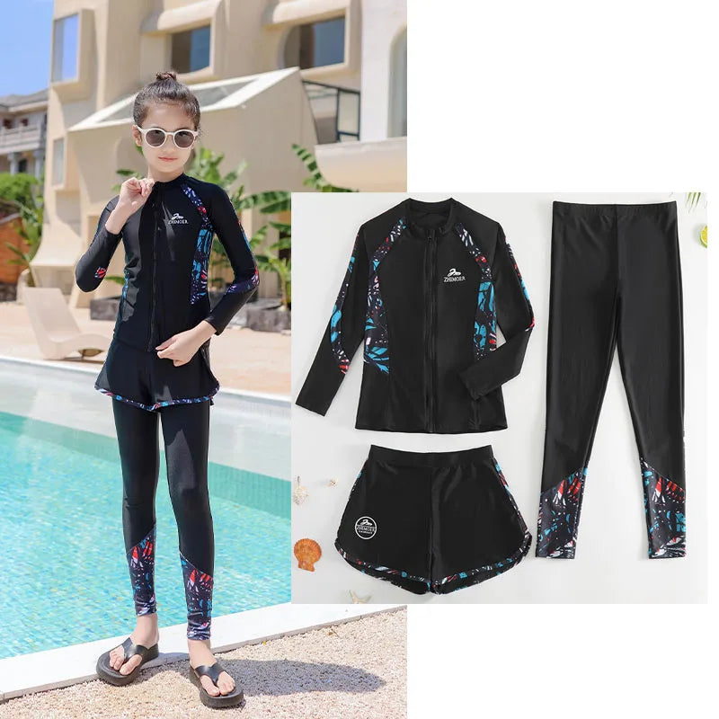 Girls Swimsuit Girls Long Sleeve Rash Guard 3-Pieces Bathing Suit 100cm-160cm Height Athletic Sweatsuit Activewear Tracksuit