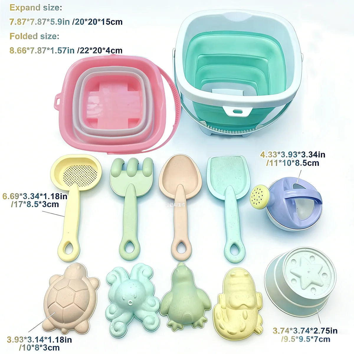 Beach Toy Set for Kids, Collapsible Silicone Bucket and Shovels Set with Sand Molds, Beach Essentials for Outdoor Play Summer