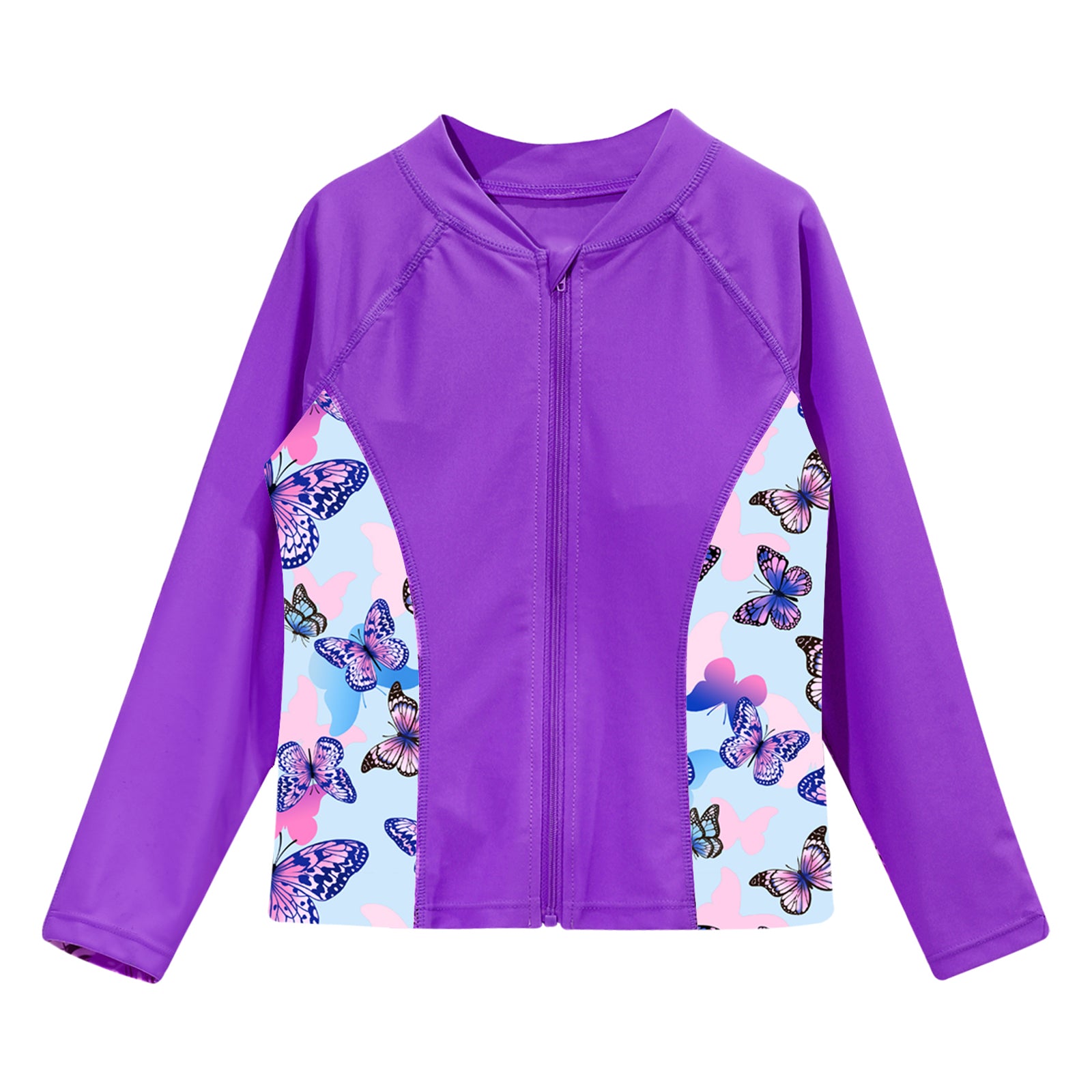 Kids Girls Print Rash Guard T-Shirt Swim Top Long Sleeve Zipper Tops UPF 50+ Sun Protection Pool Swimming Bathing Beach Swimwear