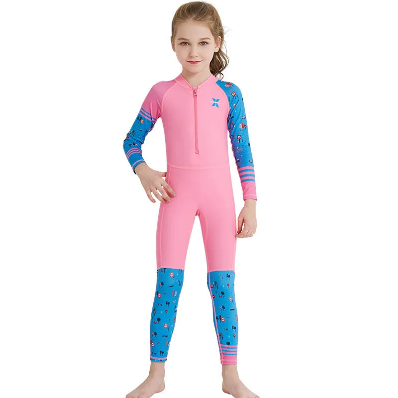 Girl Boy Swimwear Zipper One Piece Suit Kids Sunscreen Quick Drying Long Swimsuit Beachwear Bathing Suit(Including Swimming Cap)