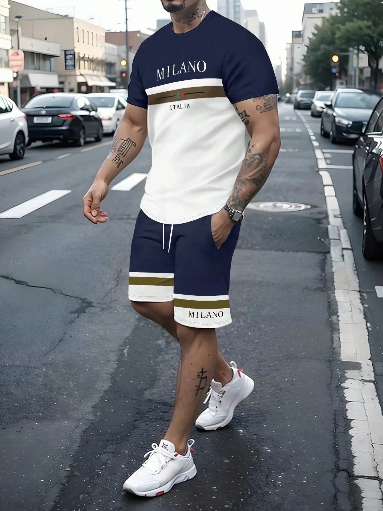 Summer Men's Stripe Letter Print Short Sleeve Top Shorts 2 Pieces Set Oversized Loose Round Neck T-shirt Man Drawstring Shorts