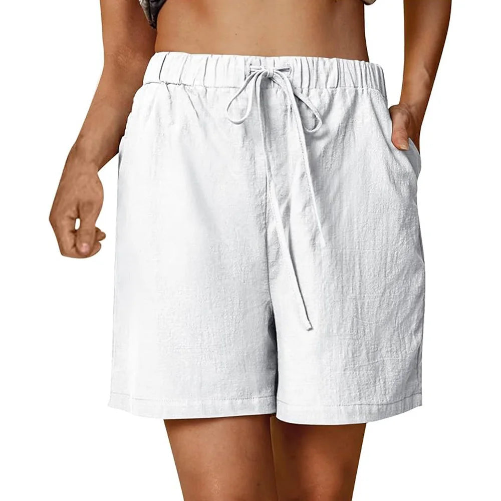 Women's Summer Casual Shorts Drawstring Solid Color Cotton Linen Short Pants Female Loose Straight Jogging Outdoor Streetwear