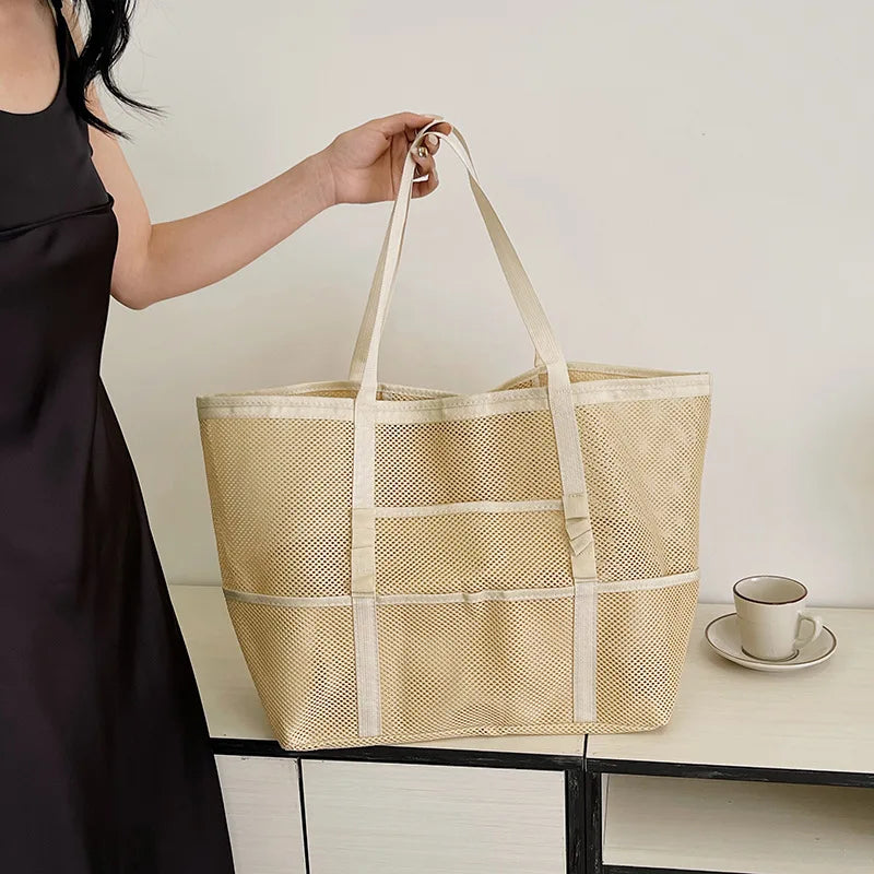 Large Capacity Canvas Beach bag Versatile Commuting Shopping Shoulder bag Lightweight Semi Transparent Mesh Hollow bag